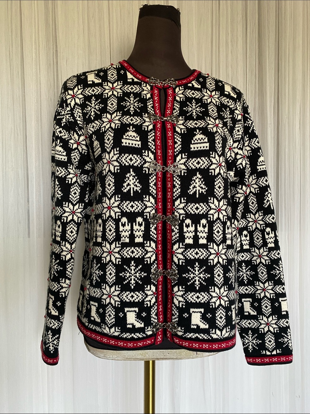 Vintage 90’s Talbots 100% Cotton Black & White Nordic Toggle Cardigan Sweater